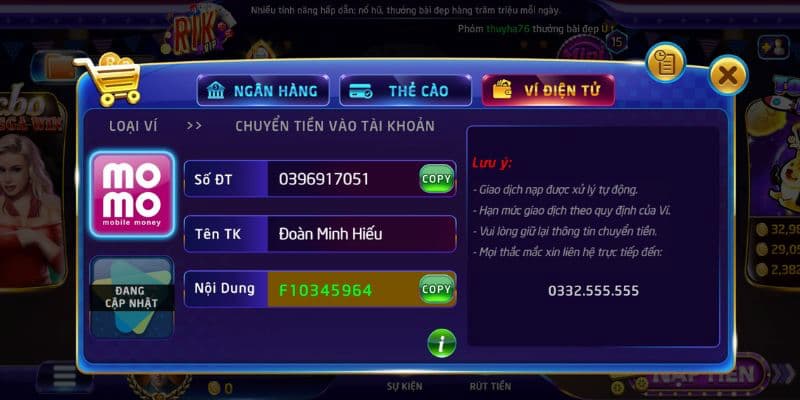 Phương thức nạp tiền thuận tiện bằng ví momo tại Rikvip 